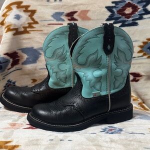 Women's Black Leather Ankle Western Boots with Aqua Shaft